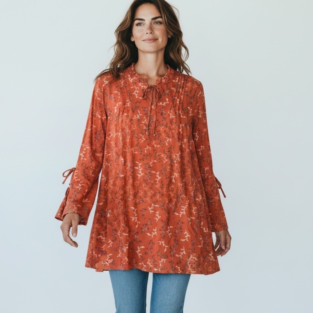 Style & Co. Red Floral Pintuck Tunic EUC L Flare Tie Sleeve Boho Peasant Large